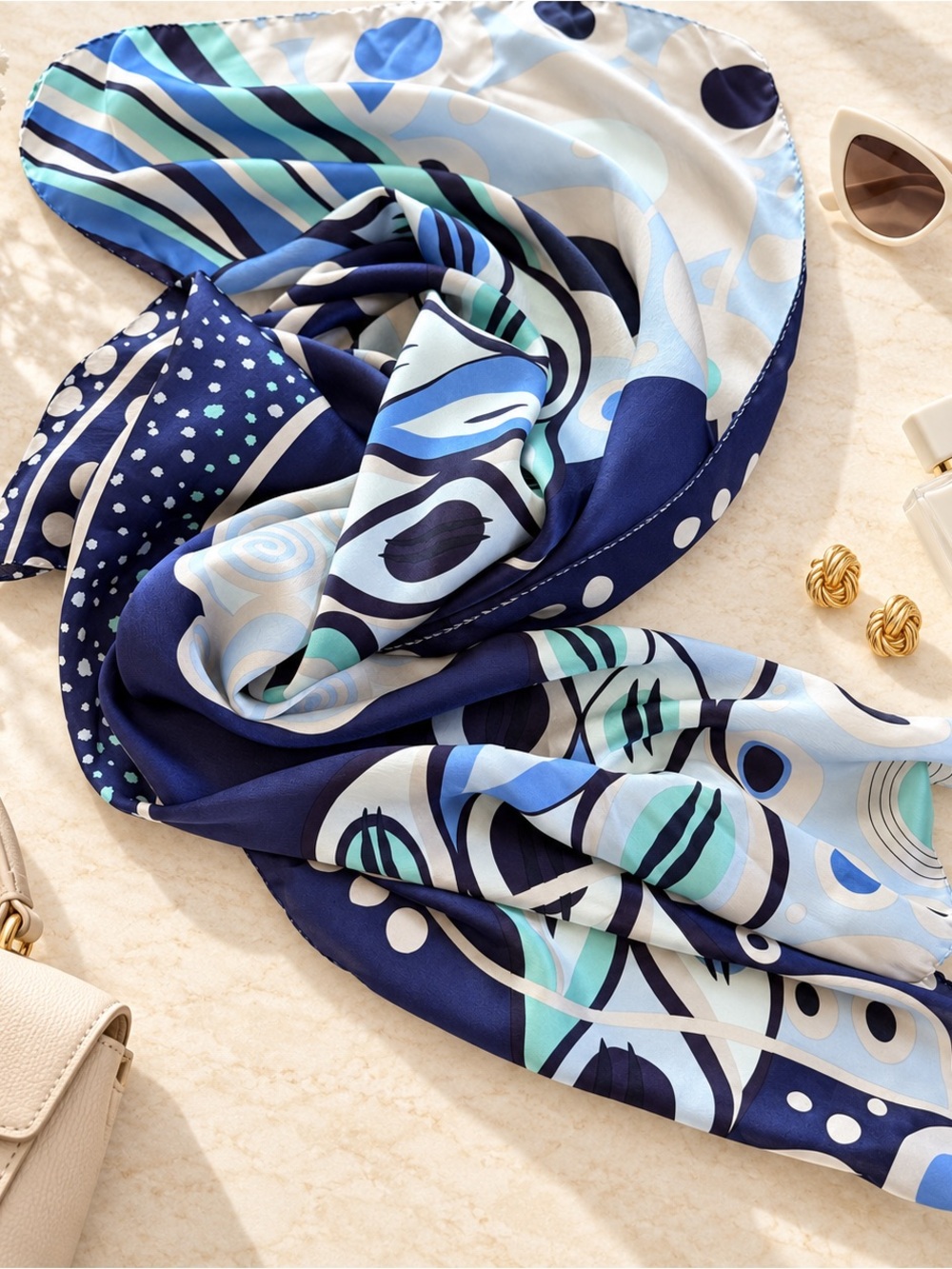 FREYWILLE Luxury 100% Silk Stole Scarf Blue Abstract Made in Italy 70”x17”